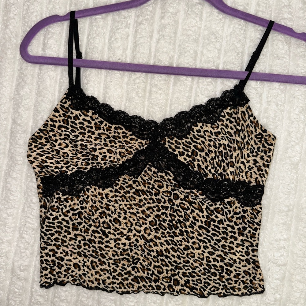Leopard Print Lace Trim Cami Top